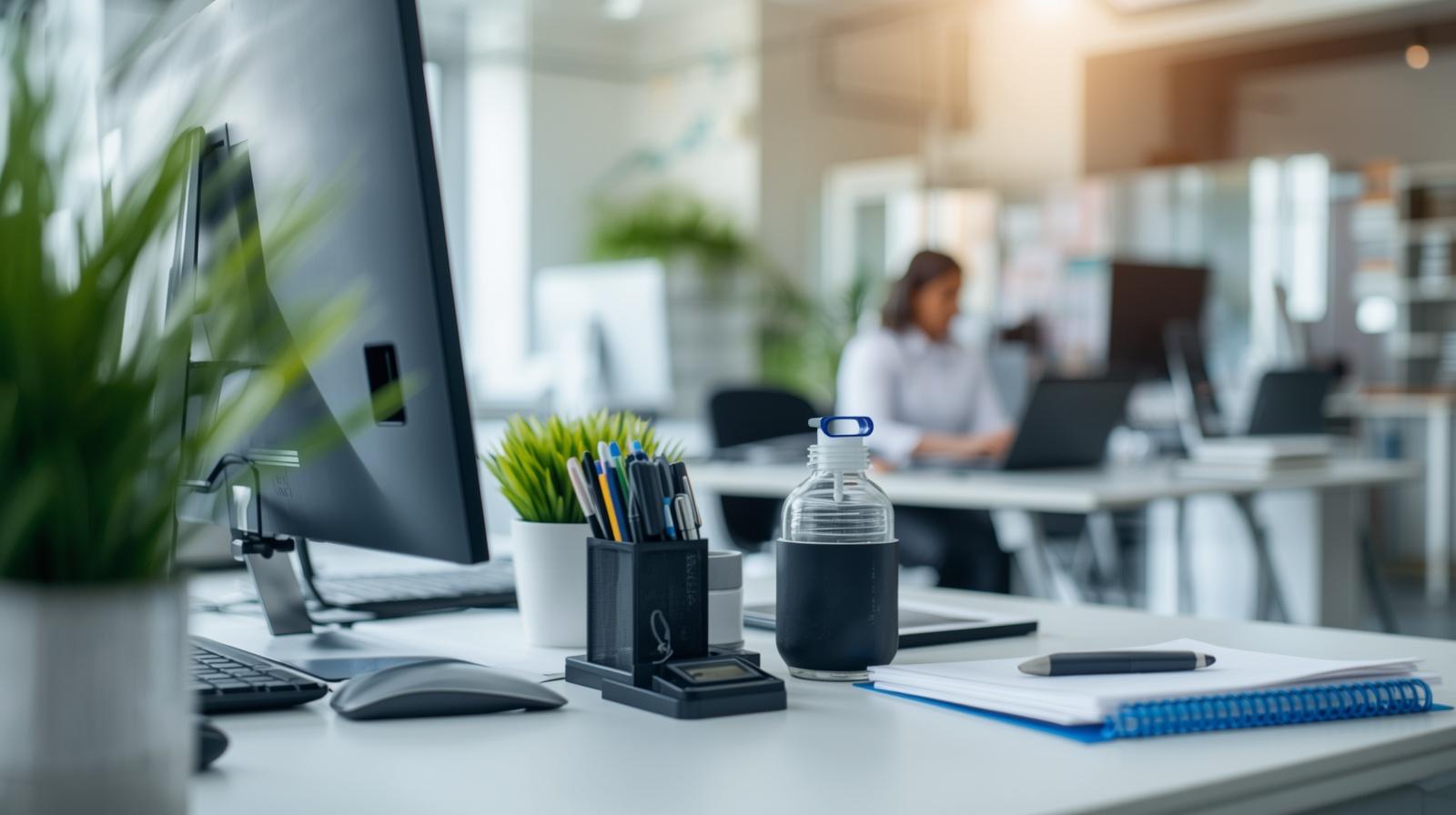A desk with a working woman in the background doing administrative job.
